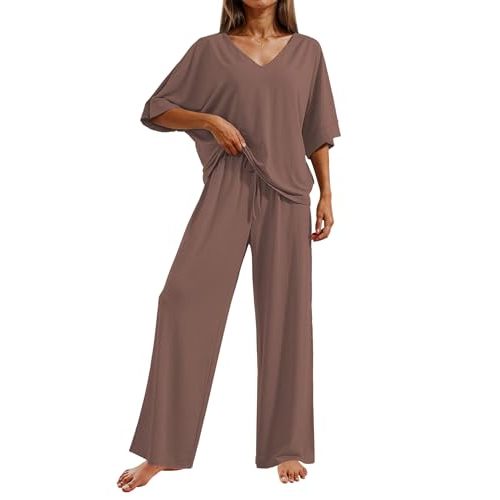 Ekouaer Pajama Sets for Women 2 Piece Lounge Set Short Sleeve Tops and Long Pants Soft Comfy Pjs Sleepwear Outfits S-XXL