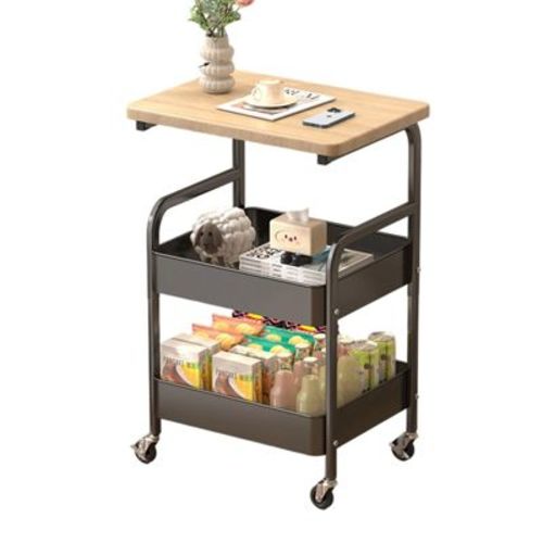 Sturdy 3-Tier Metal Utility Cart with Wooden Tabletop - Lockable Wheels, Multipurpose Storage Shelf for Kitchen Island, Office, Living Room, Bedroom : Target