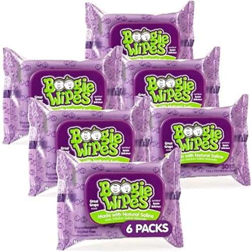 Saline Nose Wipes by Boogie, for Baby & Kids, Face, Hand & Body, FSA/HSA Eligible, Made with Vitamin E, Aloe, and Natural Saline, Grape Scent, 30 Count (Pack of 6)