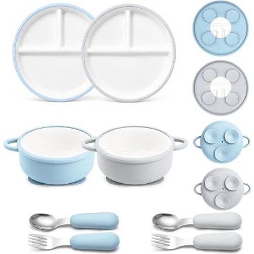 Daximo 8 Pcs Ceramic Baby Plates Set with Suction Sleeves, Spoons & Forks