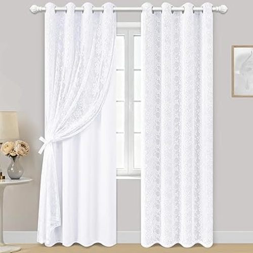 Yinhua White Curtains for Living Room Double Layer Blackout Curtains for Bedroom 84 Inches Long Nursery Curtain with Tiebacks, Thermal Insulation Grommet Drapes for Dining Room, 52" W x 84" L