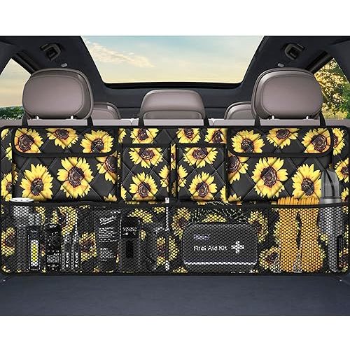 Femuar Car Trunk Organizer,Large Capacity Backseat Organizer(42 in*18 in),Collapsible Storage Bag with 8 Pocekt,Car Organizer for SUV/MPV/Truck - Sunflower TLAG-0114