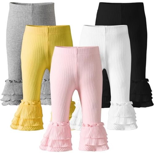 Newborn Toddler Baby Girl Pants Leggings Ribbed Straight Flare Infant Girl Pants Leggings Bell Bottoms 5 Packs