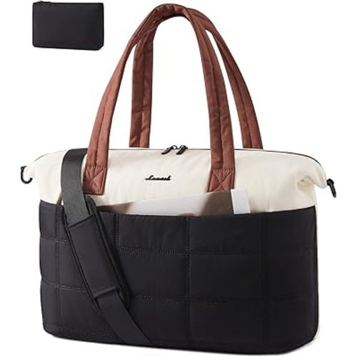 LOVEVOOK Quilted Duffle Bag for Travel,36L Gym Bag for Women with Wet Pocket,Water Resistant Weekender Overnight Bag Tote Bag for Women with Laptop Compartment(Black White Brown)