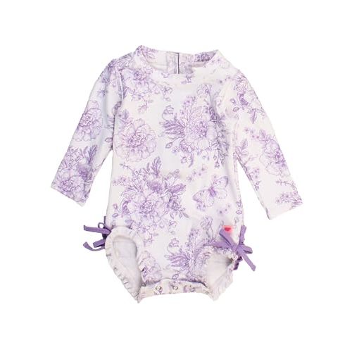 RuffleButts Baby Girls UPF 50+ Sun Protection Floral Printed Long Sleeve One Piece Rash Guard Swimsuit with Zipper