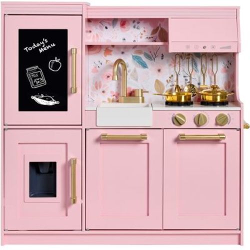 Best Choice Products Pretend Play Kitchen with Framed Chalkboard - Pink with Flower Drawing