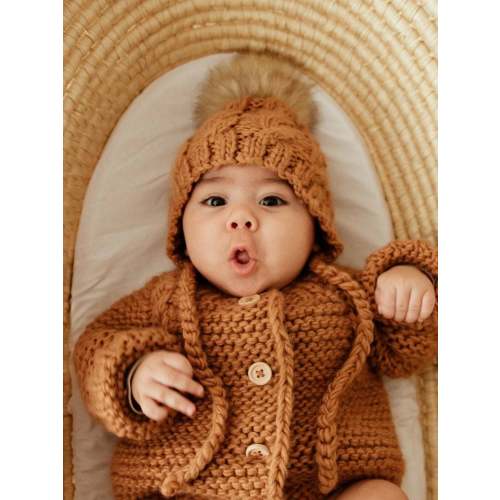 Aspen Knit Fur Pom Bonnet, Pecan