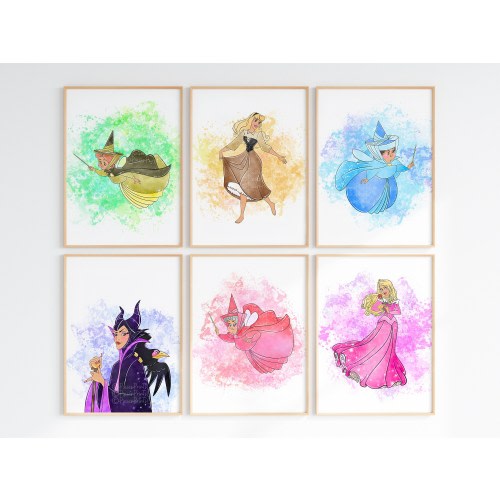 Watercolour Sleeping Beauty Set Of 6 Wall Prints / Sleeping Beauty Home Decor / Sleeping Beauty Bedroom Wall Art / Digital Downloads