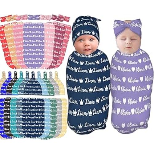 Personalized Baby Swaddle and Hat for Baby Girl Boy with Name Personalized Custom Baby Blankets for Girls Boys with Name Personalized Baby Items Girl Boy Gifts