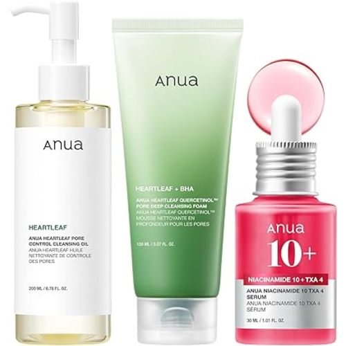 Anua 3-Step Glass Skin Beginner Set, Oil Cleanser and Face Wash with Facial Serum, Double Cleansing Daily Routine with Niacinamide, Korean Skin Care Set
