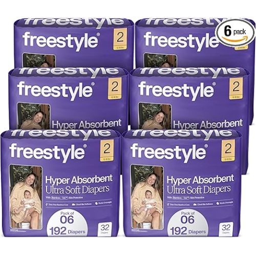Freestyle BambooTek Diapers – (Size 2) Hyper Absorbent & Non-Toxic – Disposable Diapers for Sensitive Skin – Ultra Soft Diapers (12-18 lbs) – 192 Count