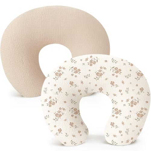 Konssy 2-Pack Muslin Nursing Pillow Covers, Soft & Adorable Nursing Covers for Breastfeeding Pillows, Slipcovers for Newborn Boys & Girls(Cream, Blossom)