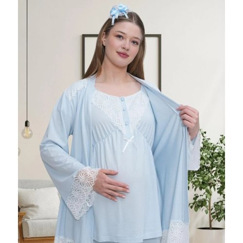 Lace Detailed 3-Piece Maternity-Nursing Pajama & Robe Set Blue - 6203