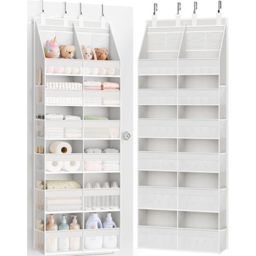 Over the Door Organizer, Extra Large 12 Compartments Closet Hanging Storage with 14 Mesh Pockets, 85lbs Capacity Behind the Door Storage for Baby Nursery, Bathroom, Bedroom, and Dorm, Beige