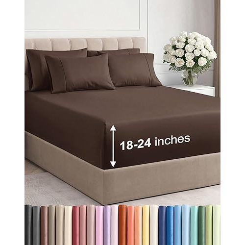Extra Deep King Sheet Set - 6 Piece Breathable and Cooling Sheets - Hotel Luxury Bed Sheets Set - Easy & Secure Fit - Soft, Wrinkle Free and Comfy Sheets Set - Brown Sheet Set with Extra Deep Pockets