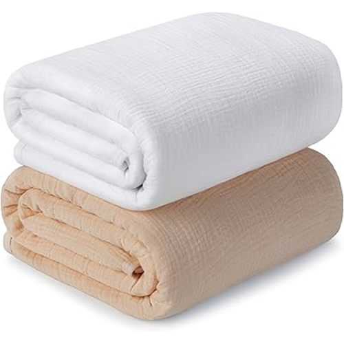 Muslin Swaddle Blankets for Newborn, 2 Pack Breathable Soft Receiving Blanket, Large 41 x 41 inches Swaddle Wrap Burping Clothes, Essentials Infant Shower Items. (Beige & White)