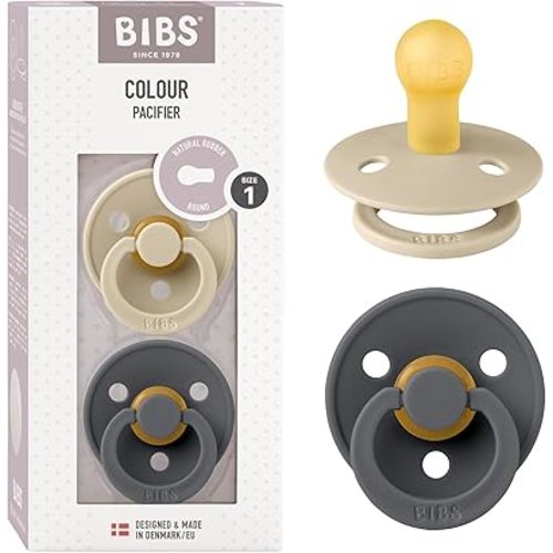 BIBS Colour Pacifiers | Set of 2 BPA-Free Latex Baby Pacifiers | Round Nipple | Made in Denmark (Vanilla/Iron | 0-6 Months)