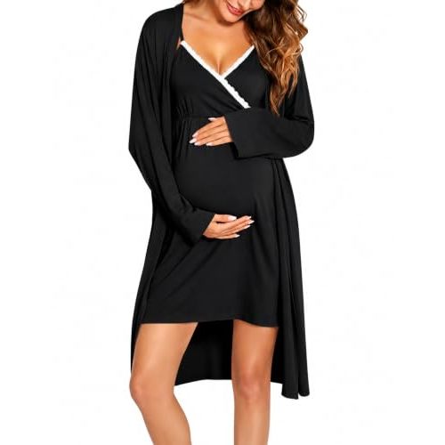 SWOMOG Womens Maternity Robe 2 Piece Nursing Nightgown for Breastfeeding 3 in 1 Labor Delivery Nursing Dress Lace Bathrobe
