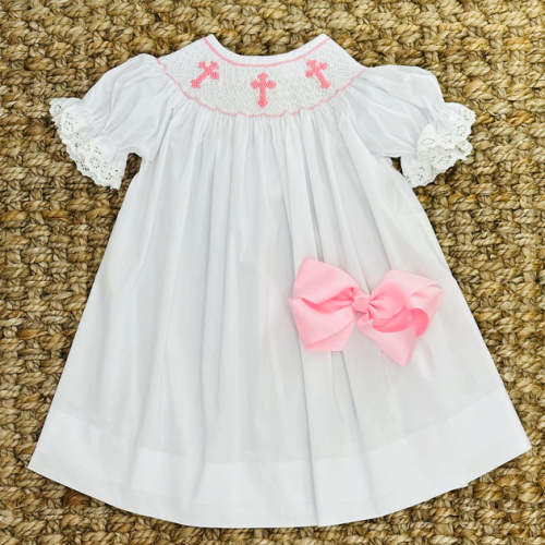 Smocked Cross Bishop Dress - White with Pink Crosses – Pleats and Stitches