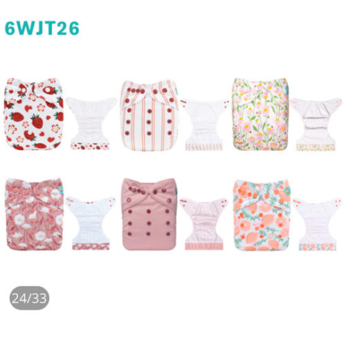 6-Pack AWJ Cloth Diapers with 6 Bamboo Inserts (4 Layers) - One Size Adjustable & Reusable Pocket Diapers for Summer