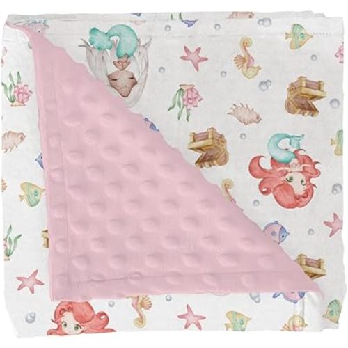 Cute Mermaids Baby Blankets for Girl Boy Mystical Mermaids Fishes Sea Horse Jellyfish Soft Mink Dotted Backing Double Layer Swaddle Blanket for Toddler Nursery Ocean Animals Bed Blanket Crib 30x40