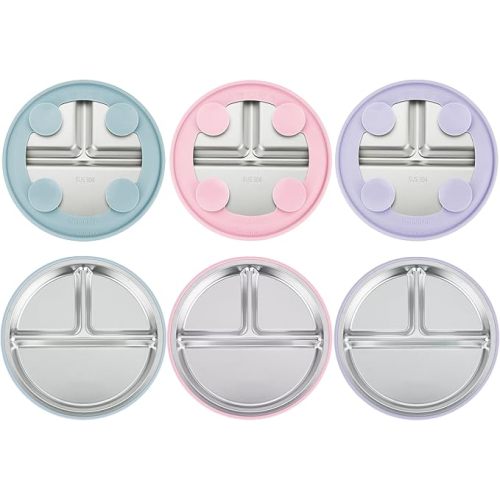PandaEar 3 Pack Stainless Steel Baby Suction Plates, Divided Toddler Plate for Baby Led Weaning Supplies, Non-Slip Toddler Baby Feeding Set Dishwasher Safe (Pink/Purple/Blue)