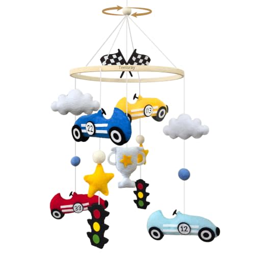Baby Mobile for Crib Race Car Crib Mobile for Boys Newborn Gifts | Handmade Vintage Racing Car Nursery Decor for Infant Black and White Checkered Racing Flag Bedroom Hanging Decor Baby Shower