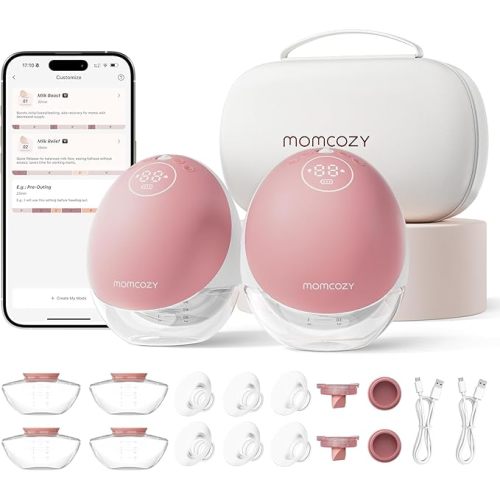 Momcozy Wearable Breast Pump, Hands Free Upgraded Mobile Flow | M9, App Discreet Control with Personalized Multi-Modes & 15 Levels, Wearable Breast Pump 24mm, 2 Pack Cozy Red