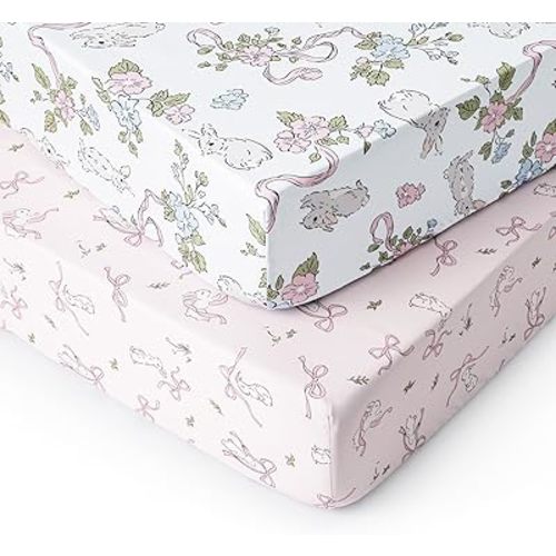 PHF Soft Crib Sheet Fitted, 2 Pack Baby Sheets for Girls, 28x52x9 in Fits Standard Crib and Toddler Mattresses, Silky Comfy Breathable Polyester Baby Mattress Sheets, Rabbit & Floral