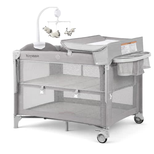Rinnebbit Baby Bassinets Bedside Sleeper, 4 in 1 Portable Bedside Crib w/Mattress, Diaper Changer, Storage Basket, Music Box, Carry Bag, Foldable Playard Sleeper for Newborn (Light Gray)