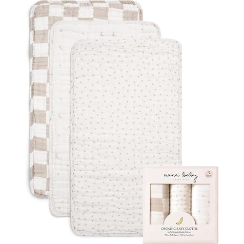 Nana Baby Burp Cloths – 100% Organic Cotton, Oversized & Hypoallergenic, 8-Layer Muslin, Machine Washable, Neutral Unisex Colors, Gentle on Sensitive Skin, Set of 3 (Beige)