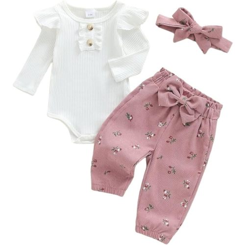 Newborn Baby Girl Clothes Fall Rib Knit Romper Corduroy Floral Pants Set Headband 3Pcs Infant Winter Outfits