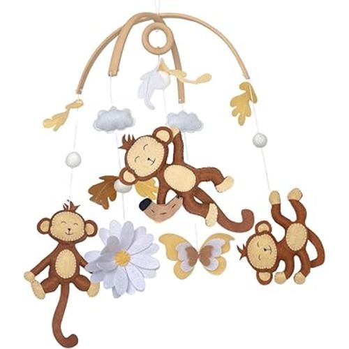 Baby Mobile – Jungle Montessori Monkey Hanging Set, Handmade Felt Safari Nursery Decor