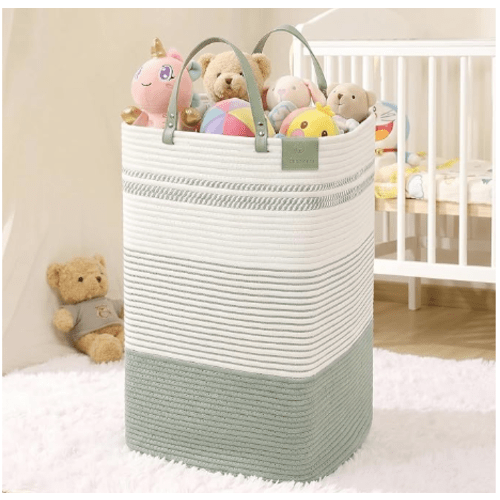 100L Nursery Hamper, Tall Woven Laundry Basket with Long Leather Handles, Boho Laundry Hamper