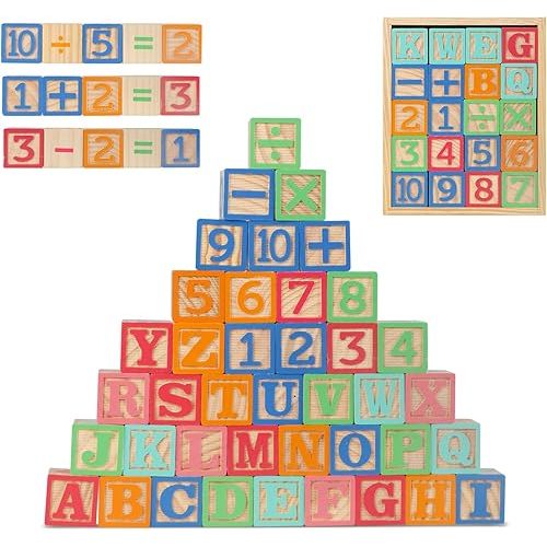 Joqutoys ABC Wooden Building Blocks for Toddlers 3 Large, 40 PCS Alphabet & Number Stacking Blocks with Storage Tray, Montessori Educational Learning Toys for Boys Girls Kids Gifts 1.65"