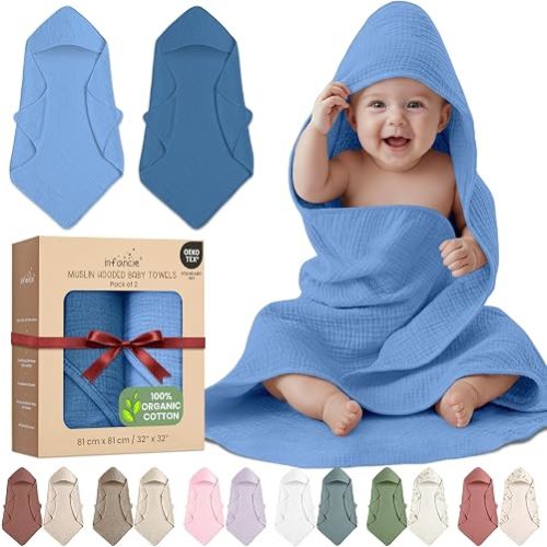 100% Organic Cotton 2 PK Muslin Baby Hooded Bath Towel 32x32 in