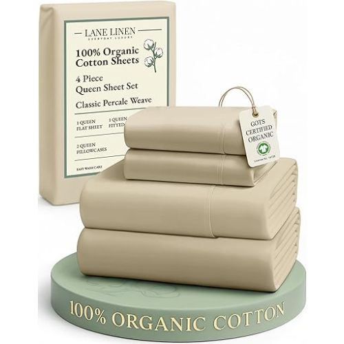 LANE LINEN 100% Organic Cotton Queen Size Sheets Set, Eco Friedly Mercerized Fully Elasticized Queen Sheets, Naturally Temperature Regulating Cooling Cotton Sheets- Linen