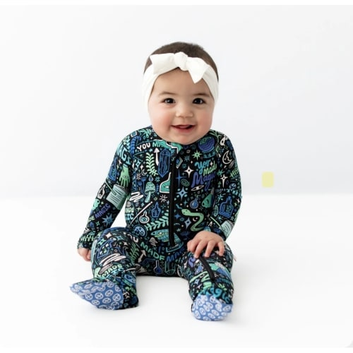 Bamboo Footie Zipper Baby Pajama - Mystic Mama Blue Bamboo Onesie Sleeper - You Made Magic Affirmation – Raising Mama