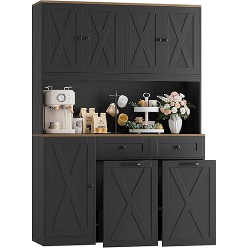 HOSTACK 71" H Kitchen Trash Can Hutch Cabinet, 12.5 Gallon Double Pull Out Garbage Can Hutch Cabinet with Trash Bin Storage Holders, 47" Wide Kitchen Pantry with Hidden Garbage Storage, Black
