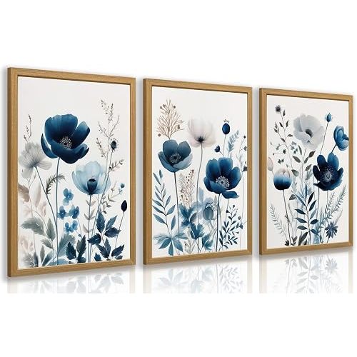LLEEMPI Navy Blue Floral Wall Art Set of 3, Modern Wildflower Wall Decor, Watercolor Botanical Canvas Paintings, Classic Minimalist Poster Prints for Bedroom Bathroom Office Wood Framed 12x16 Inch