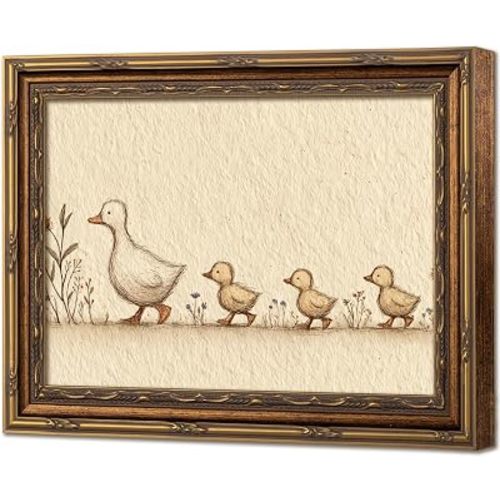 Vintage Gold Framed Mother Duck and Ducklings Canvas Wall Art 9x11 Inch