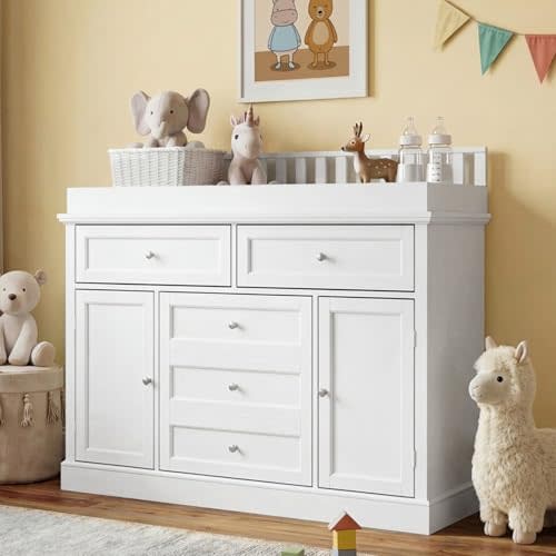 46“ Baby Dresser with Changing Table Top, White Dresser with Storage Drawers and Doors for Nursery, Multifunctional Nursery Baby Changing Table Dressers, Diaper Station Cabinet for Kids Room