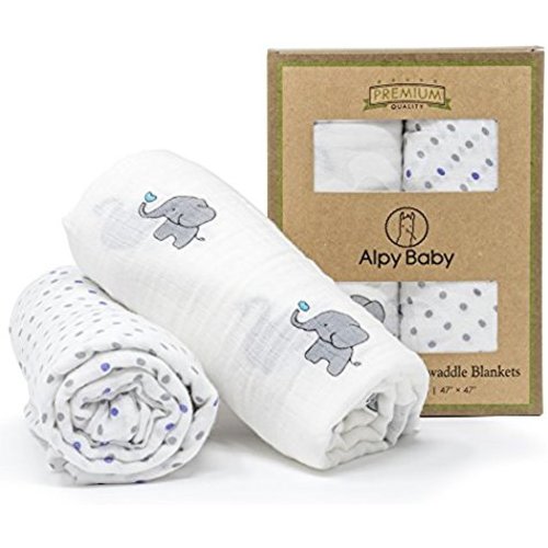 Organic Cotton Muslin Swaddle Blankets by Alpy Baby -Elephants and Dots - 47 inches x 47 inches - Strong & Soft in Grey, Mint, White - Set of 2