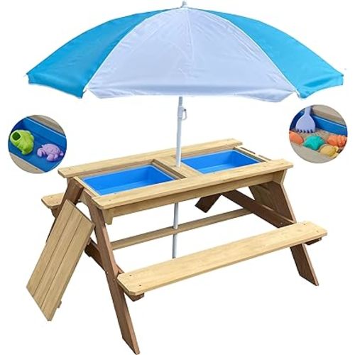 BTExpert Kids 3-in-1 Sand Water Activity Table Wooden Outdoor Convertible Picnic Table Bench Adjustable Umbrella Removable Top 2 Play Boxes Toy Set 37 x 35 in