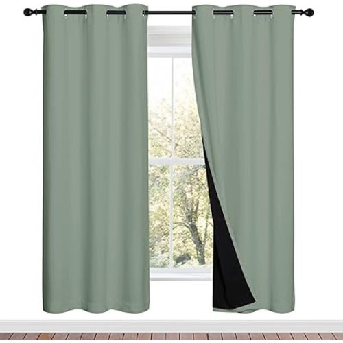 NICETOWN 100% Blackout Window Curtain Panels, Full Light Blocking Drapes with Black Liner for Nursery, 72-inch Drop Thermal Insulated Draperies (Greyish Green, 2 Pieces, 42-inch Wide Per Panel)