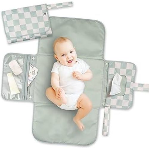 Tiny Twinkle Portable Diaper Changing Pad | Waterproof, Wipeable & Compact Baby Changing Pad for Travel | Smart Wipes Pocket & Organized Storage| Newborn Shower Gift (Sage Checkers)