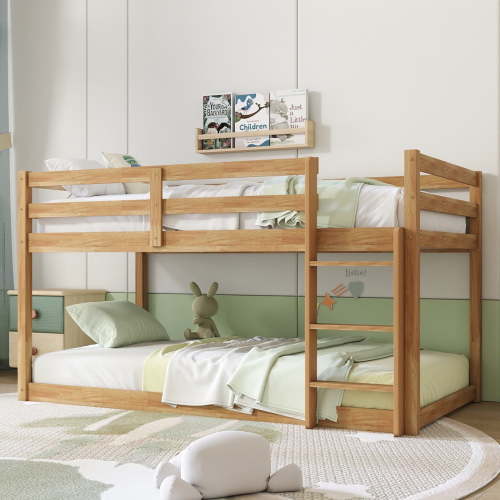 Bunk Bed Twin Over Twin, Low Twin Size Floor Bunk Beds with Ladder, Solid Wood Junior Bunk Bed for Bedroom, No Box Spring Needed-Natural
