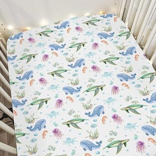 Pastel Sea Animals Baby Crib Sheets for Boy Girl 52x28In Sea Horse Turtle Whale Jellyfish Corals Soft Snug Fitted Crib Mattress Cover Ocean Marine Baby Sheet for Standard Crib & Toddler Bed Mattress