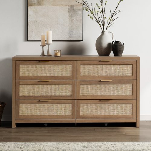 Elegant Right Angled Dresser with 6 Rattan Woven Drawers