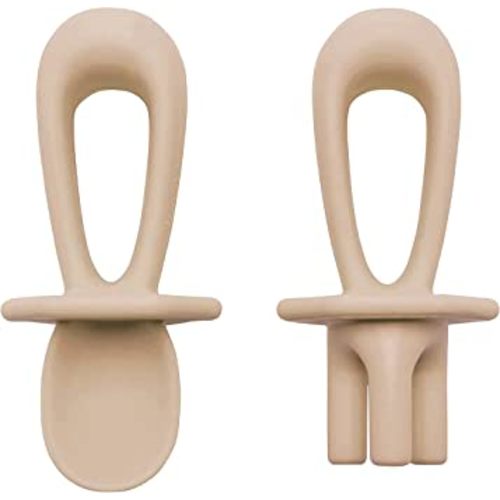 Tiny Twinkle Silicone Training Utensils - Baby Spoons and Baby Forks For Self-Feeding Training - Silicone Baby Led Weaning Utensils For Toddlers And Babies 6-24 Months - Baby Feeding Supplies (Sand)
